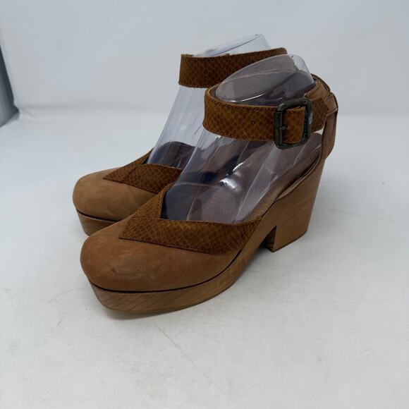 Free People Platform Heels Size 38 Brown Suede Wood Block Ankle Strap Shoes - Picture 1 of 16